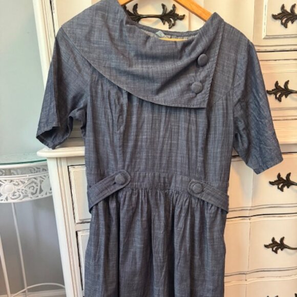 Chambray Asymmetrical High Collar Retro Dress - Picture 1 of 5